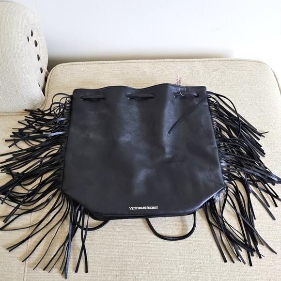 Victoria's Secret Black Vegan Leather Fringe Backpack Handbag Shoulder Bag NWT - Picture 6 of 15